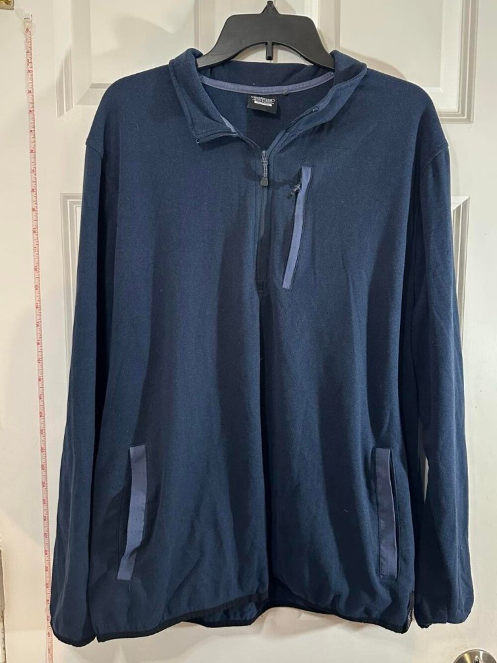 Motion Mens Navy Blue 1/4 Zip Fleece Pullover Chest Pocket Athletic Sweater XL